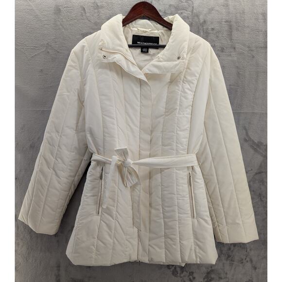 Ivory Weatherproof puffer coat Size LARGE belted double zipper - Picture 1 of 15